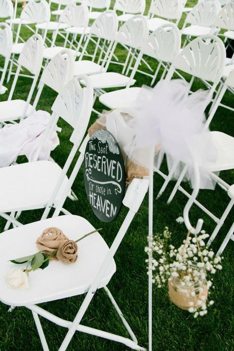 this seat reserved for those in heaven. This Seat Is Reserved For Someone In Heaven, Reserved Seating Wedding Heaven, Reserved For Those In Heaven Wedding, Sentimental Wedding Ideas, Reserved Seating Wedding, Hampton Wedding, Reserved Wedding Signs, Santa Barbara Courthouse Wedding, Bridgerton Wedding