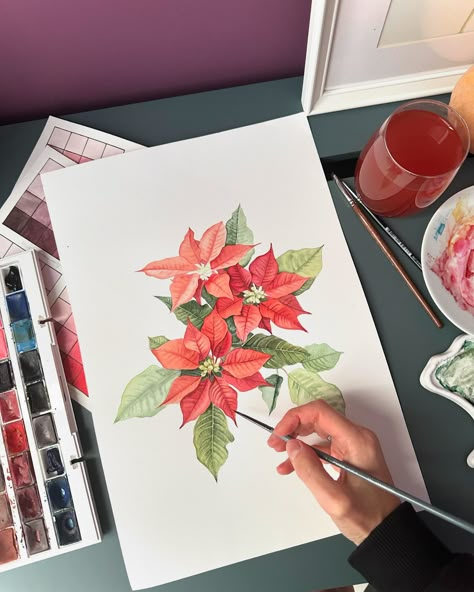 In progress #poinsettia #watercolor #art How To Paint Poinsettias, Poinsettia Watercolor Paintings, Pointsetta Watercolor, Decorating With Poinsettias, Painted Poinsettia, Poinsettia Watercolor, Watercolor Poinsettia, Practice Makes Perfect, Cute Sheep