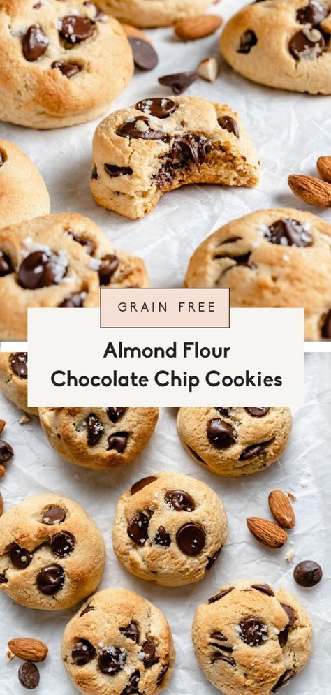 Deliciously soft, grain free almond flour chocolate chip cookies with rich, caramel-like flavor from brown butter and gooey chocolate in every bite. These cookies are easy to make and the perfect weekday treat! Options to add a boost of protein and make vegan included. #cookies #chocolatechipcookies #grainfreedessert #glutenfreedessert #healthycookies #healthydessert #almondflour Almond Flour Protein Cookies, Flour Desserts, Almond Flour Chocolate Chip, Almond Flour Chocolate Chip Cookies, Grain Free Desserts, Almond Flour Cookies, Healthy Chocolate Chip, No Flour Cookies, Almond Flour Recipes