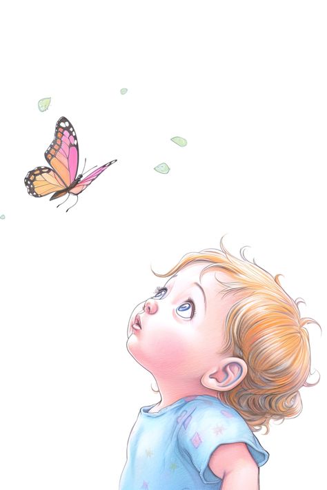 Hand drawn sketch of a young child looking up at a colourful butterfly. Butterfly Story, Drawing Children Reference, Child Drawing Reference Poses, Illustration Butterfly, Child Side Profile Drawing, Child Art, Child Drawing, Child Draw, Small Snowflake Tattoo