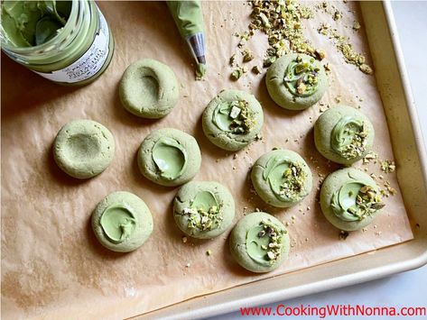 Italian Pistachio Thumbprint Cookies - Pistacchiotti. Pistachio Christmas Cookies, Pistachio Thumbprint Cookies, Pistachio Cream Cookies, Rose Cookies, Pistachio Cookies, Pistachio Cream, Spritz Cookies, White Chocolate Cookies, Christmas Food Gifts