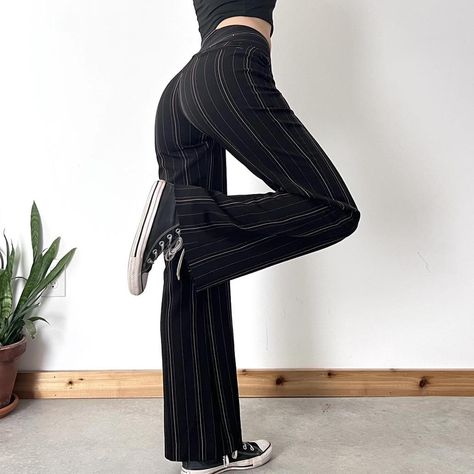 Black and Pink Striped Pants Low rise flare fit.... - Depop Low Waisted Pin Stripe Pants, Pinstripe Flare Pants, 90s Pants, Pants Low Rise, Practical Fashion, Low Rise Pants, Mode Inspo, Designer Jeans, Black And Pink