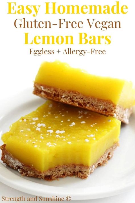 Vegan Lemon Bars (Gluten-Free, Eggless) | Strength and Sunshine | These easy Vegan Lemon Bars are completely gluten-free and eggless! This healthier lemon bar recipe is made with a 4 ingredient, dairy-free & buttery shortbread crust, layered with perfectly sweet and tangy lemon curd filling! No nuts or soy, this allergy-free dessert is a perfect spring or summertime treat everyone will love! Lemon Bar Recipe, Vegan Lemon Bars, Gluten Free Lemon Bars, Curd Filling, Lemon Bar, Lemon Bars Recipe, Buttery Shortbread, Vegan Bar, Egg Free Recipes