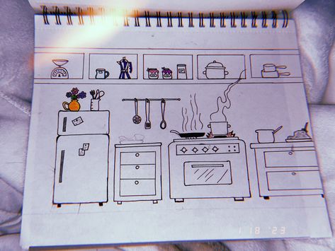 Drawing Of A Kitchen, Kitchen Sketch, Alcohol Pictures, Easy Graffiti, Easy Graffiti Drawings, Interior Design Sketchbook, Modern Art Canvas Painting, Colored Pencil Tutorial, Best Anime Drawings