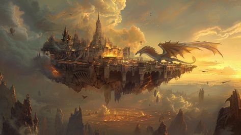 Floating Island with Fantasy City Under Dragon Attack Floating Islands, Fantasy Floating City, Fantasy Floating Islands, Fantasy Ocean City, Floating Islands Fantasy Art, Floating Islands Fantasy Art Dark, Fantasy Landscape Floating Islands, Floating Islands Fantasy Art City, Floating Mountains Fantasy Art