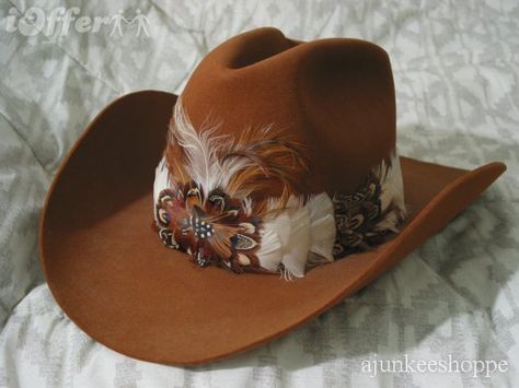 Bringin' back the early 80's Cowboy Hat With Feather, Cowboy Hat Brown, Brown Cowboy Hat, Cowboy Hat Bands, Hat Aesthetic, Hat Bands, Urban Cowboy, Minnetonka Moccasins, Western Cowboy Hats