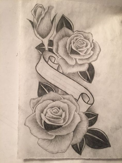 Rose design with banner in center of roses | Flower drawing, Roses drawing, Rose drawing tattoo Flower With Banner Tattoo, Rose With Banner Tattoo Design, Roses With Banner Tattoo, Rose And Ribbon Tattoo, Rose Banner Tattoo, Rose With Banner Tattoo, Heart With Roses Tattoo, Two Roses Tattoo Design, 3 Roses Tattoo Design