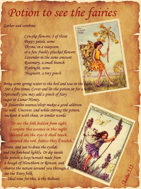 A potion to help one see the fairies, and nature spirits. Recipe and text by myself. Fae/Fairy illustrations are by Celcily Mary Baker, and were in public domain. The parchment graphic used as the background is from; https://pixabay.com/p-68829/?no_redirect also public domain. Good for Beltane. Blessings from Shadow :) Fairy Potion Recipes, Fairy Offerings, Beltane Blessings, Fairy Potion, Fairy Spells, Fae Magic, Wicca Recipes, Real Spells, Spells That Actually Work