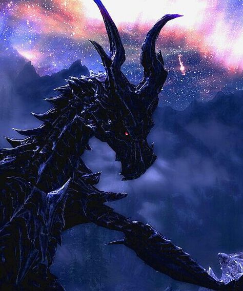 Alduin. You know, for an ultimate evil, megalomaniacal, world eating dragon, he sure is a gorgeous one!! Countries Around The World, The Night Sky, Skyrim, Night Sky, Around The World, The Day