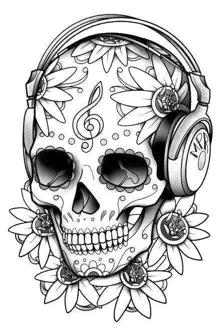 Skull With Headphones, Headphones Tattoo, Skull Coloring, Skull Coloring Pages, Sugar Skull Girl, Adult Colouring Printables, Sugar Skull Tattoos, Skulls Drawing, Candy Skulls