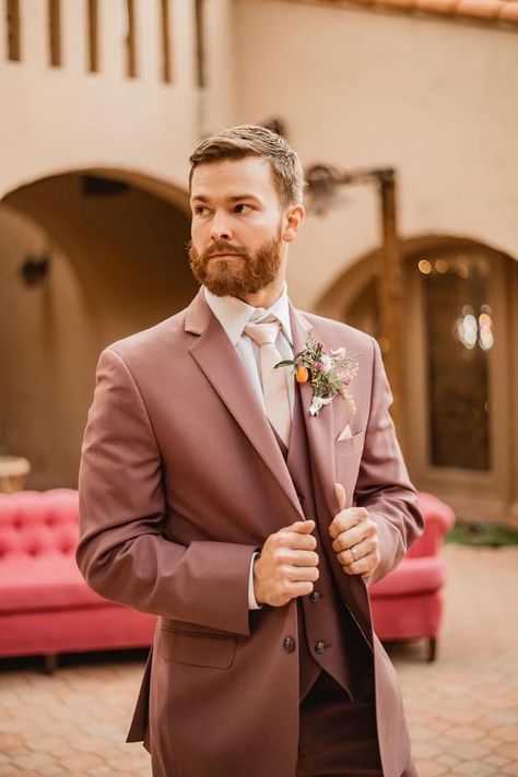 Men’s Suit Colors Wedding, Dusty Rose Mens Wedding Attire, Old Rose Suit Men, Dusty Rose Suits For Men, Dusty Pink Mens Suit, Cinnamon Rose Groomsmen Attire, Rose Gold Wedding Suits Men, Mens Mauve Suit, Dusty Rose Tuxedo Wedding