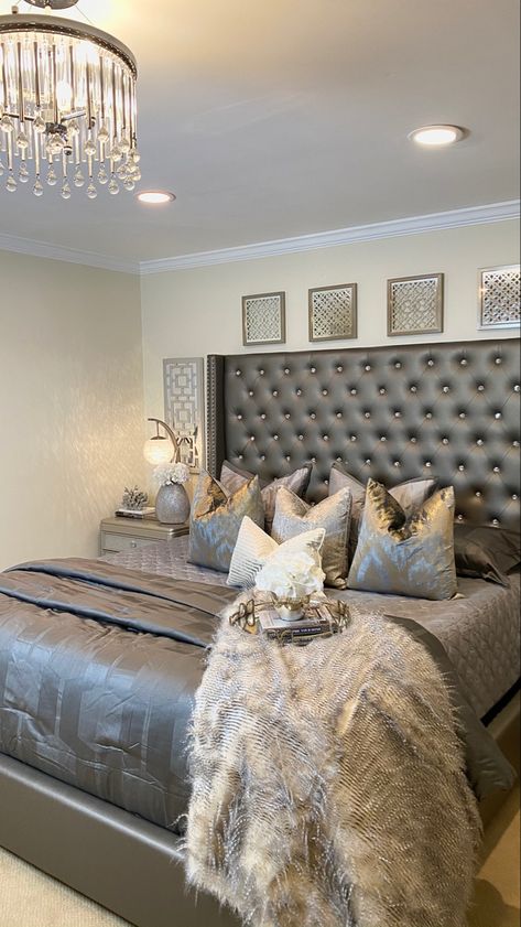 Champagne And Grey Bedroom, Happy First Day Of Winter, Grey Bedroom Ideas, Girl Apartment Decor, Glam Bedroom Decor, Luxury Room Bedroom, Faux Shagreen, Interior Room, Grey Bedroom