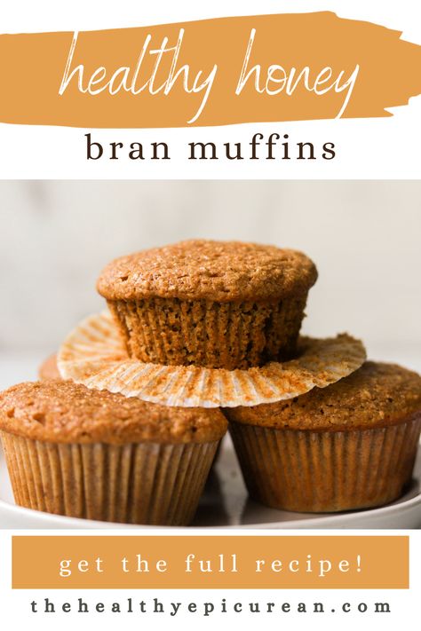 A front shot of a stack of honey bran muffins. Yogurt Bran Muffins, Whole Wheat Bran Muffins, Honey Bran Muffin Recipe, Applesauce Bran Muffins, Wheat Bran Muffins, Raisin Bran Muffin Recipe, Honey Bran Muffins, Bran Muffins Healthy, Wheat Muffins