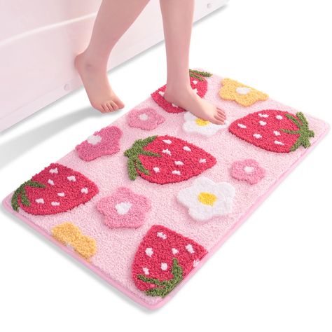 PRICES MAY VARY. Unique Design: Long-lasting color, bright and vibrant design, make the pink bath mat look very cute and beautiful. Pair it with bright strawberries and colorful flowers for a sweet touch, perfect home decoration idea. Don’t hesitate, add a pop of color to your home with the colorful floor mat! Soft Touch: The pink bathroom rug is made from high-quality yarn, arranged closely for excellent support and softness, the pink rug is about 1 inch thick, very comfortable to step on. Say Strawberry Bathroom, Bathroom Rug Ideas, Pink Bath Rug, Pink Bathroom Rugs, Inviting Bathroom, Rugs Cute, Colorful Floor, Pink Bath Mat, Flower Bath Mat