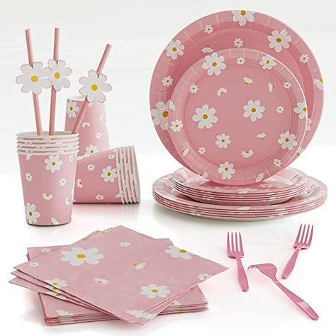 96pcs Daisy Paper. Quality paper, non-toxic, no smell, heat-resistant and durable. Plates, Cups, Napkins, Straws, Forks for Daisy Flowers Summer "As an Amazon Associate, I earn from qualifying purchases." Pink Daisy Themed Birthday Party, Daisy Theme Birthday, Flower Party Decorations, Daisy Theme, Daisy Birthday, Daisy Party, Fruit Birthday, Girls Birthday Party Decorations, Baby Shower Flowers