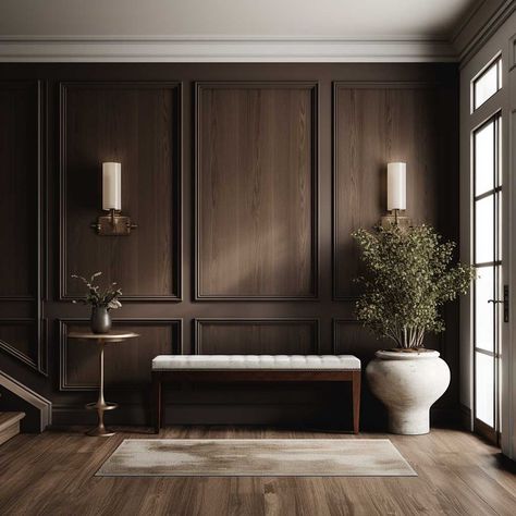 Maximizing Style with Minimalist Half Wall Paneling Ideas • 333+ Images • [ArtFacade] Small Wall Paneling Ideas, Modern Wood Paneling Walls Living Room, Wood Paneled Accent Wall, Office Ideas Wood Paneling, Wallpaper In Paneling, Entryway Walls Ideas, Walnut Board And Batten Wall, Wood Wall Moulding, Entrance Wall Panelling