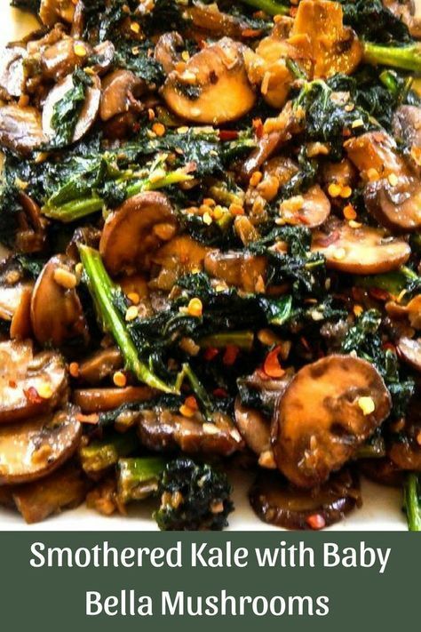 Smothered Kale with Baby Bella Mushrooms. Quick and simple healthy recipe. #vegan #healthyrecipes #healthyfood #healthyeating #kale #mushrooms Sauteed Swiss Chard Recipes Simple, Kale Mushrooms Recipes, Kale Recipes Vegetarian, Low Fodmap Kale Recipes, Recipes With Kale Healthy, Fish And Kale Recipes, Mushroom Kale Recipes, Kale And Mushroom Recipes, Fresh Kale Recipes