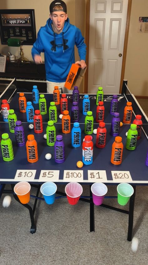 Ping Pong Roll Game, Competition Prizes Ideas, Rolling Can Money Game, Game Challenges Ideas, Ping Pong Cup Game, Money Party Games, Family Money Games, Family Competition Games, Ball In Cup Game