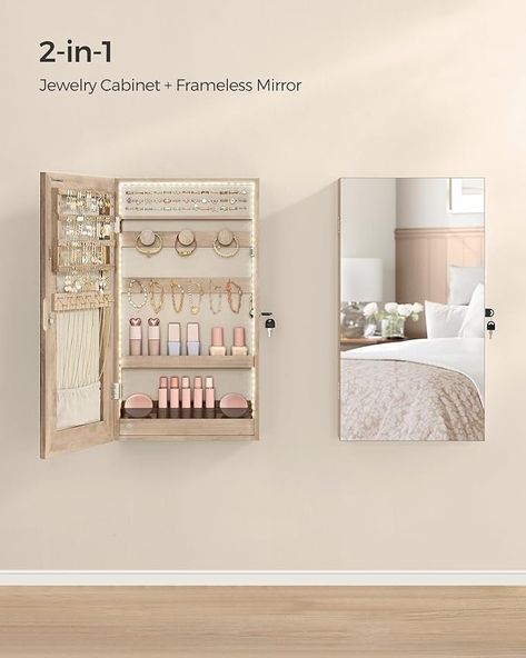 Amazon.com: SONGMICS Mirror Jewelry Cabinet Armoire with Built-in LED Lights, Wall or Door Mounted Jewelry Storage Organizer, 3.8 x 14.6 x 26.4 Inches Hanging Mirror Cabinet, Gift Idea, White UJJC050W01 : Clothing, Shoes & Jewelry Led Lights Wall, Mirror Jewelry Cabinet, Mirror Jewelry, Mirror Jewellery Cabinet, Jewelry Organizer Storage, Frameless Mirror, Lights Wall, Mirror Cabinet, Jewelry Cabinet