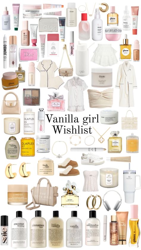 Vanilla Girl Wishlist <3 Clean Girl Wishlist Ideas, Vanilla Girl Birthday Wishlist, Vanilla Gift Ideas, Vanilla Girl Gift Ideas, Vanilla Girl Skincare Products, Vanilla Girl Must Haves, Vanilla Girl Christmas List, Vanilla Girl Makeup Products, Clean Girl Wishlist