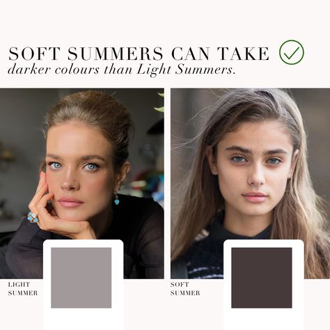 Light Summer VS Soft Summer comparison. What are the differences between the Light Summer Palette that neighbours Spring and the Soft Summer Palette that neighbours Autumn? ⁠ .⁠ #coloranalysis #colouranalysis #summerpalette #lightsummer #softsummer #coloranalyst Light Summer Vs True Summer, Soft Summer Inspiration, Soft Summer Jeans, Soft Summer Brunette, Soft Summer Makeup Looks, Light Summer Palette, Season Analysis, Soft Summer Makeup, Summer Brunette