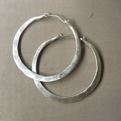 Hoop Earrings / Sterling Silver /Silver Hoops / Sterling | Etsy Sterling Silver Hoop Earrings Handmade, How To Make Hammered Silver Jewelry, Silver Hoops Earrings, Boho Silver Earrings, Hammered Silver Jewelry, The Bling Ring, Earrings Big, Big Hoop Earrings, Hammered Sterling Silver