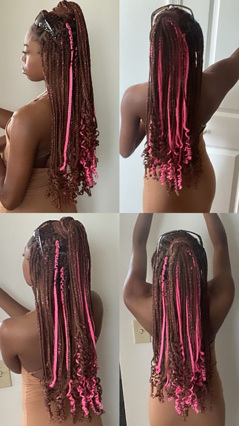 Peekaboo Pink And Brown Braids, Black Box Braids With Pink Highlights, Braids With Pink In The Back, Brown And Pink Bohemian Braids, Brown And White Peekaboo Braids, Brown N Pink Braids, Brown And Pink Braids With Beads, Brown And Pink Boho Braids, Dark Brown And Pink Braids