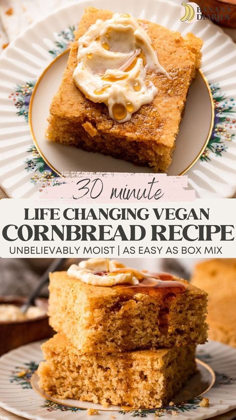 vegan cornbread stacked Vegan Cornbread Recipe, Sweet Cornbread Muffins, Fluffy Cornbread, Easy Cornbread Recipe, Vegan Sweet Potato Casserole, Sweet Potato Cornbread, Vegan Cornbread, Vegan Bread Recipe, Healthy Thanksgiving Recipes