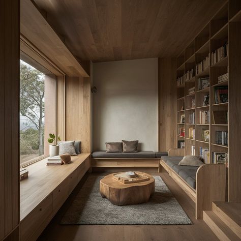 Reading Room Interior Design, Minimalist Library Aesthetic, Japandi Library Room, Japandi Home Library, Japanese Library Room, Reading Nook Interior Design, Sitting Nook Ideas, Japandi Library Design, Reading Nook Design