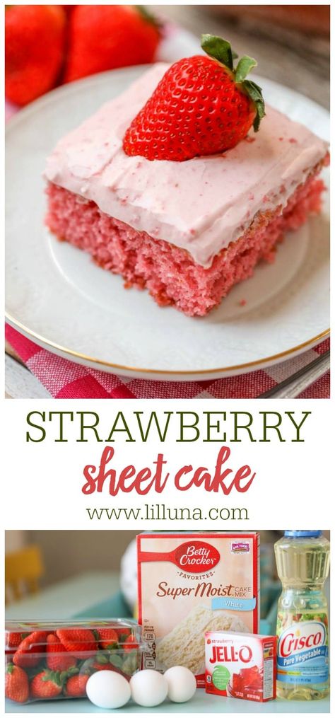 Perfect for feeding a crowd, this Strawberry Sheet Cake made with fresh pureed strawberries is especially tasty! #strawberrysheetcake #strawberrycake #sheetcake #cake #strawberry Birthday Cake For Women Simple Easy, Sheetcake Dessert, Sheet Cakes Recipes, Strawberry Shortcake Sheet Cake, Sheetcake Cake, Strawberry Sheet Cake, Strawberry Bundt Cake, Birthday Cake For Women Simple, Strawberry Sheet Cakes