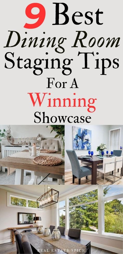 9 Best Dining Room Staging Tips For A Winning Showcase! Attract buyers and offers with these... . . #DiningRoomStaging #HomeStaging #DiningRoom #HomeStagingTips via @https://www.pinterest.com/realestatespice/_created/ Staging A Dinning Room Table, Dining Room Table Staging Ideas, Staged Dining Table, Stage Dining Room Table, Dining Room Staging Ideas, How To Stage A Dining Room Table, Staging Kitchen Table, Staged Dining Room Table, Setting A Table For Staging