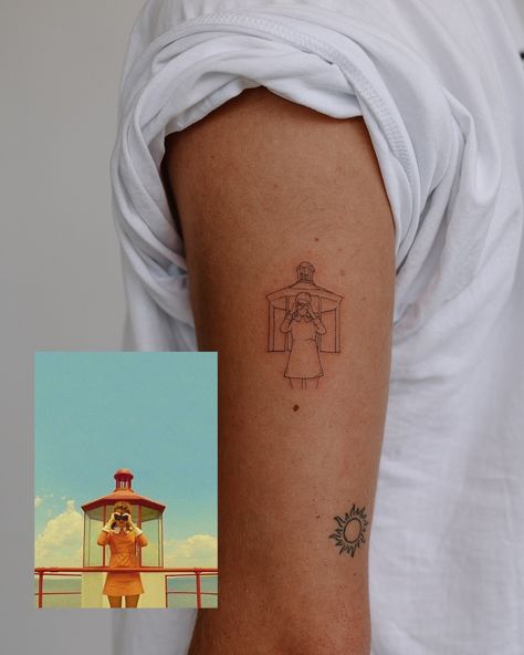 Wes Anderson Moonrise Kingdom tattoo for this talented artist 🖤 thank you for the trust @caseyschneids @twinsick Moonrise Kingdom Tattoo, Wes Anderson Tattoo, Wes Anderson Moonrise Kingdom, Kingdom Tattoo, Moonrise Kingdom, Wes Anderson, Minimalist Tattoo, Tatting, Thank You