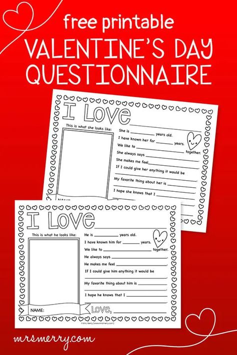 Valentine's Day Questionnaire for Kids Printable | Mrs. Merry Valentine Questions For Kids, Valentine’s Day Template, 3s Preschool, Valentines Quiz, What Is Valentines Day, What Is Valentine, Valentine's Day Origin, Purim Ideas, Conversation Starters For Kids