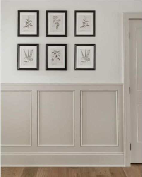 10 Warm Neutral Paint Combinations - The Honeycomb Home Lambriseringen Gang, Warm Neutral Paint Colors, Painted Wainscoting, Living Room Panelling, Dark Trim, Paint Combinations, Hallway Designs, Neutral Paint, Wall Trim