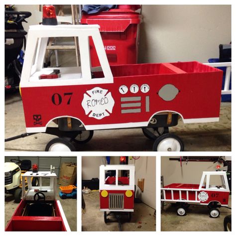 Converted wagon into fire engine for Halloween.  Plywood shell goes over radio flyer. Firetruck Wagon Halloween, Wonderfold Wagon Halloween Costumes, Halloween Fire Truck Wagon, Diy Firetruck Wagon Cardboard, Wagon Fire Truck Diy, Fire Truck Costume, Turn Wagon Into Firetruck, Wagon Into Fire Truck, Halloween Wagon