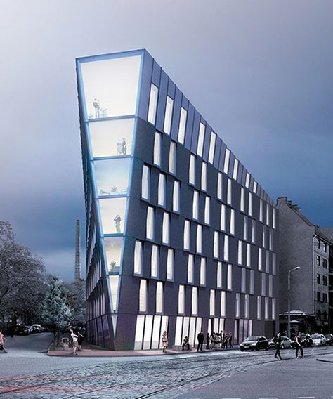 NRJA conceives multi-use office building in riga, latvia Future Architect, Multifunctional Office, Building Types, Retail Facade, Architectural Ideas, Commercial And Office Architecture, Office Building Architecture, Architectural Rendering, Office Tower