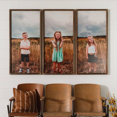 @pretty.in.polka.dots shared a photo on Instagram: “Cutest trio! These wood photo prints are an inch shy of 4 FEET TALL! Such a statement! Swipe for a close up 😍 . . 📷:…” • Oct 6, 2020 at 11:54pm UTC Individual Family Portraits On Wall, Kid Portraits On Wall, Kids Portraits On Wall, Kids Pictures On Wall, Smallwoods Picture Ideas, Portrait Wall Ideas, Rustic Family Photos, Large Family Portraits, Family Pictures On Wall