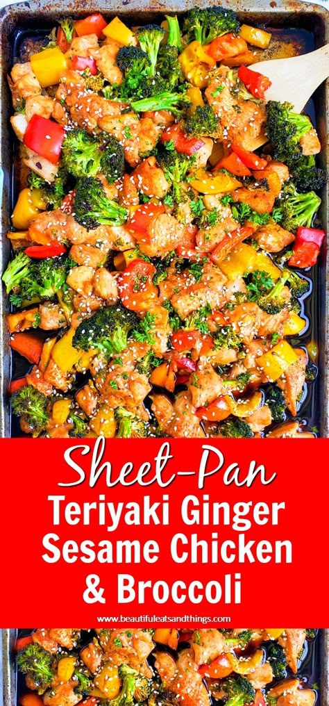 Sheet Pan Teriyaki Ginger Sesame Chicken & Broccoli - Beautiful Eats & Things Sesame Chicken And Broccoli, Sheet Pan Dinners Chicken, Easy Sheet Pan Dinners, Sheet Pan Suppers, Sheet Pan Dinners Recipes, Dinners Recipes, Recipe Sheets, Chicken And Broccoli, Sheet Pan Meals