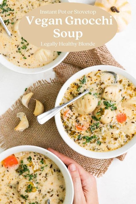 Vegan Gnocchi Soup | Legally Healthy Blonde | This vegan gnocchi soup is a total copycat of Olive Garden's famous soup! Without the meat or the dairy, this soup is just as hearty, delicious, and not to mention easy! Vegan Gnocchi Soup, Vegan Gnocchi, Meatless Meals Healthy, Instant Pot Vegan, Big Food, Vegan Instant Pot Recipes, Ovo Vegetarian, Wfpb Recipes, Gnocchi Soup