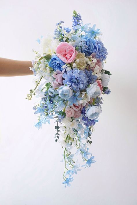 Cascading Pastel Bridal Bouquet, Periwinkle Flower Bouquet, Pastel Bridal Bouquet, Elegant Wedding Bouquets, Church Wedding Flowers, Pastel Bouquet, Violet Wedding, Bridal Bouquet Flowers, Blue Wedding Flowers