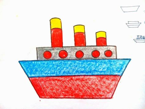 Easy Ship Drawing, Boat Drawing For Kids, Easy Boat Drawing, Tiger Drawing For Kids, Cartoon Drawing For Kids, Basic Drawing For Kids, Oil Pastel Techniques, Drawing Classes For Kids, Class Drawing