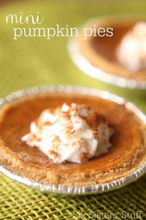 These Mini Graham Cracker Crust Pumpkin Pies are sure to be the hit of your holiday party! #sixsistersstuff Mini Pumpkin Pies Recipe, Graham Cracker Crust Pie, Mini Pumpkin Pies, Easy Pumpkin Pie, Pumpkin Pies, Cracker Crust, Pumpkin Pie Recipes, Mini Pies, Crust Recipe