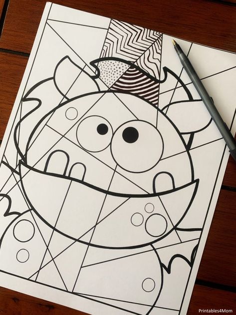 Line Monsters Art Lesson, Monster Line Drawing, Halloween Monsters Craft, Monster Line Art, Line Art Lessons Elementary, Monster Arts And Crafts, Monster Art Projects For Kids, Line Monsters, Halloween Directed Drawing