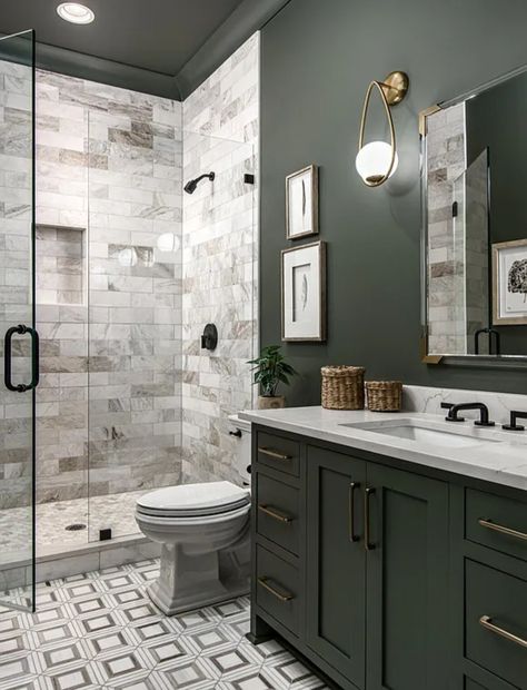 Essex Green Bathroom, Dark Green Master Bath, Small Half Bath Ideas, Dark Green Bathroom, Jacuzzi Bathroom, Easy Bathroom Makeover, Dark Green Bathrooms, Modern White Bathroom, Full Bathroom Remodel