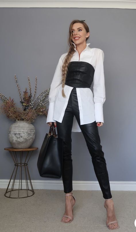 Accessories For Black And White Outfit, Corset Over Shirt Outfits Classy, Black Trousers And Corset Outfit, Black Corset White Shirt Outfit, Bustier Over Shirt Outfit, Elegant Black Corset For Fall, Bustier Over Shirt, Boss Babe Outfits, Black Corset With White Button Up