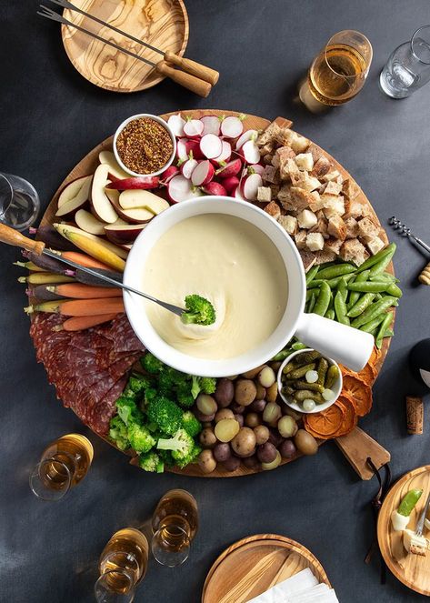 Cheese Fondue Recipe | What To Dip In It | Ain't Too Proud To Meg Gruyere Fondue, Food Platter Ideas, Fondue Board, Platter Ideas Party, Cheese Fondue Party, Food Lifestyle Photography, Cheese Fondue Recipe, Beer Cheese Fondue, Couples Date Night