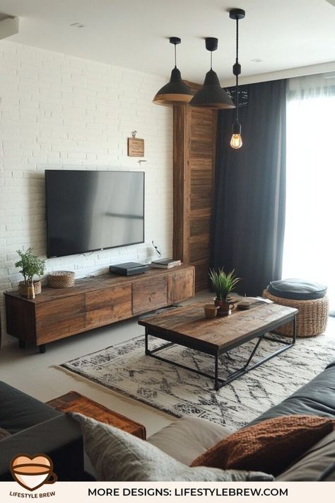 Interior Condo Design, Minimal Industrial Living Room, Industrial Wood Interior Design, Industrial Home Design Living Room, Living Room Inspiration Industrial, Industrial Cozy Living Room, Mixed Metals Living Room, Bachelor Interior Design, Living Room Industrial Modern