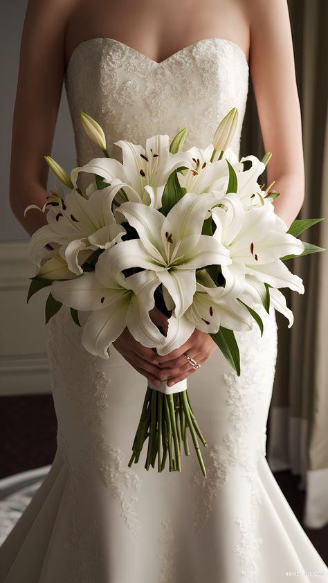 Classic Pure Elegance White Lily Bridal Bouquet Wedding Lily Bouquets, Lily Flowers Wedding Decor, White Lily Bridal Bouquet, White Bridal Bouquet Elegant, Wedding Bouquets Bride Elegant, Lilly Flower Bouquet Brides, Casablanca Lily Bouquet, White Wedding Ideas With Elegance, White Lilies Wedding Bouquet