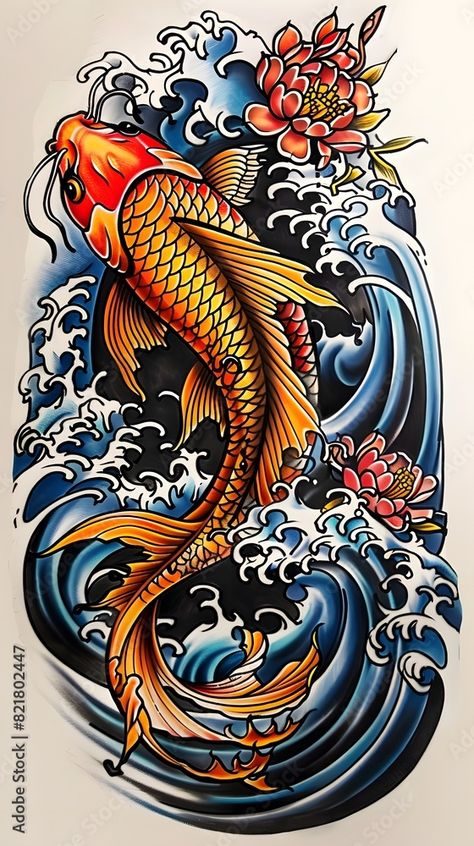 Koi Fish With Waves Tattoo, Japanese Koi Fish Tattoo Color, Koi Fish Tattoo Design Colored, Japan Fish Tattoo, Two Koi Fish Tattoo Design, Koi Fish Dragon Tattoo, Koifish Japanese Tattoo, Japanese Koi Tattoo Design, Japanese Tattoo Fish