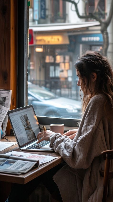 Cafe Work Session: A young woman focused on her #remoteoffice while sitting in a #coffeeshop during the day. #woman #laptop #cafe #coffee #working #digitalnomad #freelancelife #productivity ⬇️ Download and 📝 Prompt 👉 https://stockcake.com/i/cafe-work-session_214262_39430 Writing In Cafe Aesthetic, Sitting In Cafe Pose, Woman Studying Aesthetic, Laptop Coffee Shop, Writing In A Cafe, Working From Coffee Shop, Working At Cafe Aesthetic, Work In Cafe Aesthetic, Blog Writing Aesthetic